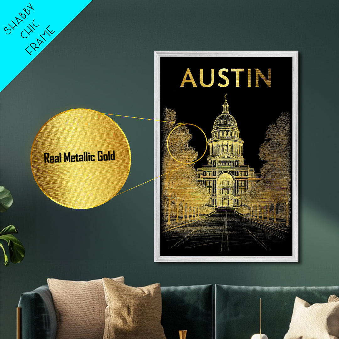 Austin Texas art, Metallic Gold Print, Office Decor, Metal Art, Wood Framed Art, Graduation Travel Gift, Destination Gift