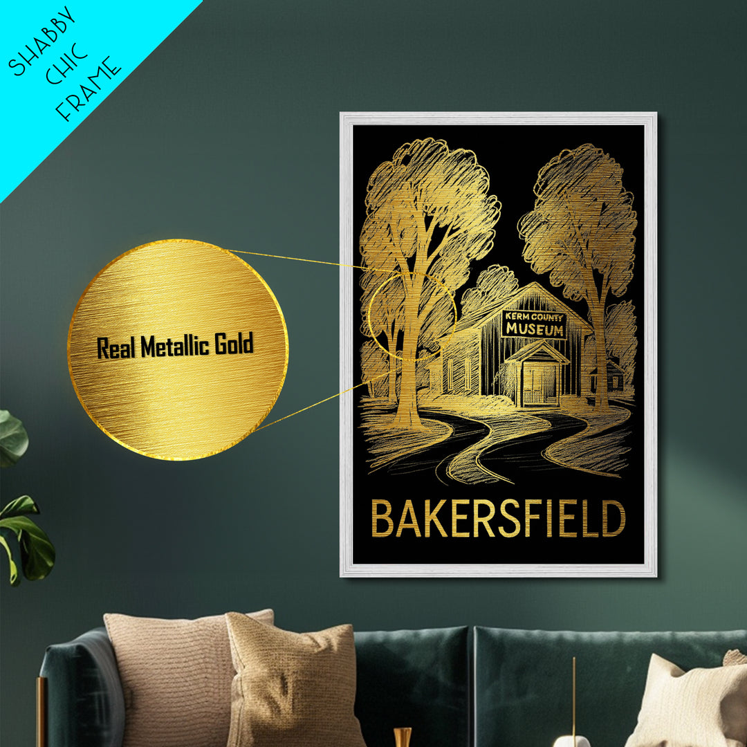 Bakersfield California art, Metallic Gold Art, Modern House Art, Metal Art, Wood Framed Art, Birthday Travel Gift, Destination Gift