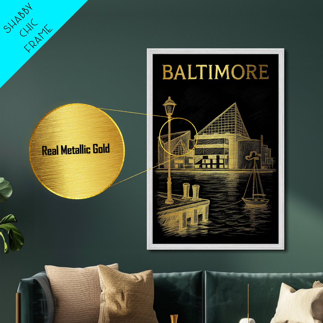 Baltimore Maryland travel, Metallic Gold Print, Modern House Art, Metal Art, Wood Framed Art, Traveler Gift, Destination Gift