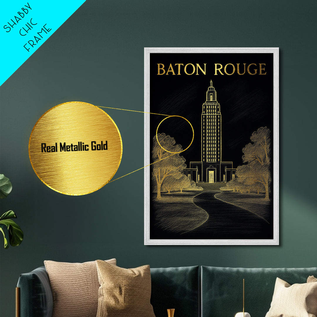 Baton Rouge Louisiana travel, Metallic Gold Print, College Dorm Décor, Metal Art, Wood Framed Art, Graduation Travel Gift, Travel Gift
