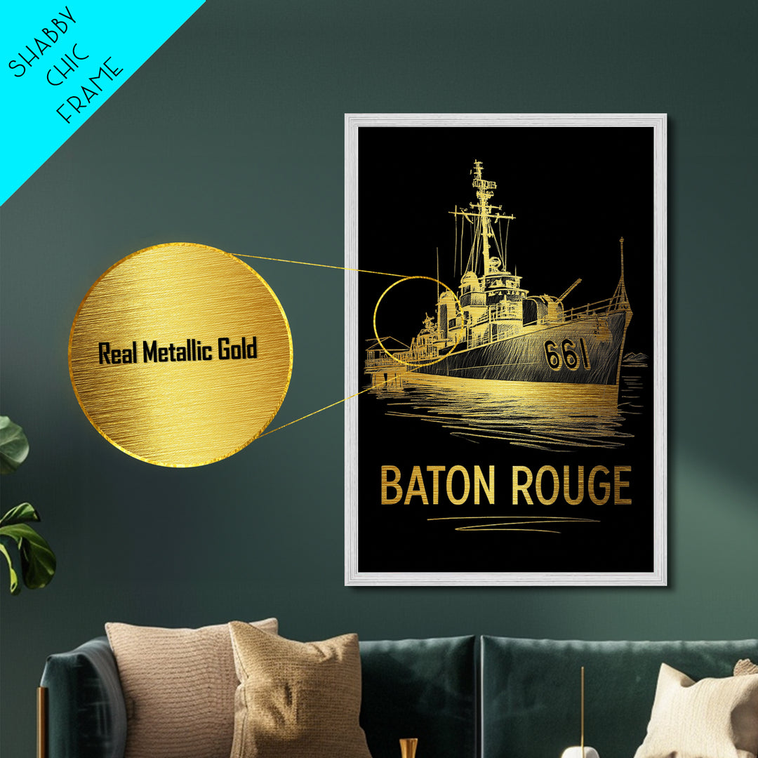 Baton Rouge Louisiana art, Metallic Gold Art, Housewarming Gift, Metal Art, Wood Framed Art, Newlywed Travel Gift, Honeymoon Gift