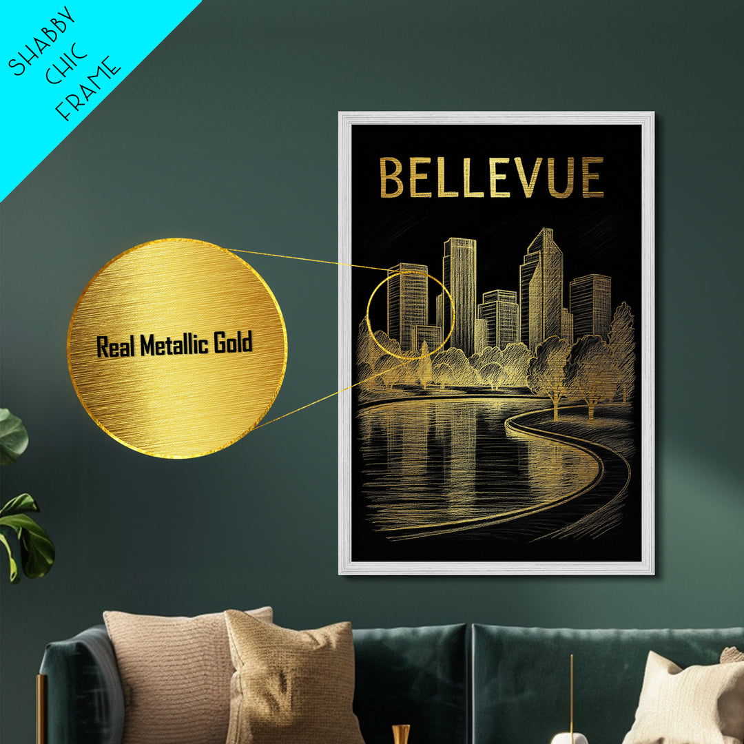 Bellevue Washington travel, Metallic Gold Print, Modern House Art, Metal Art, Wood Framed Art, Wanderlust Gift, Travel Art Prints