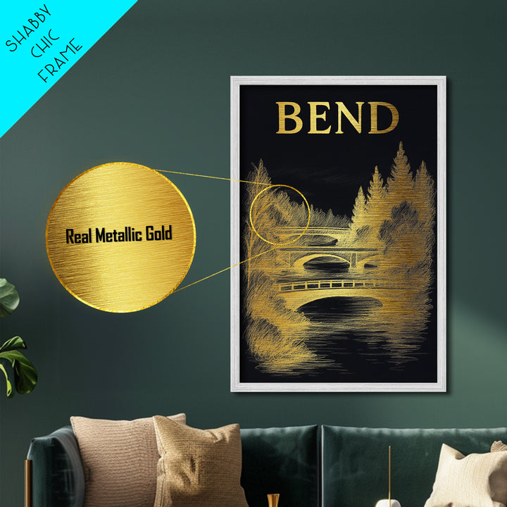 Bend Oregon travel, Metallic Gold Print, Modern House Art, Metal Art, Wood Framed Art, Traveler Gift, Destination Gift