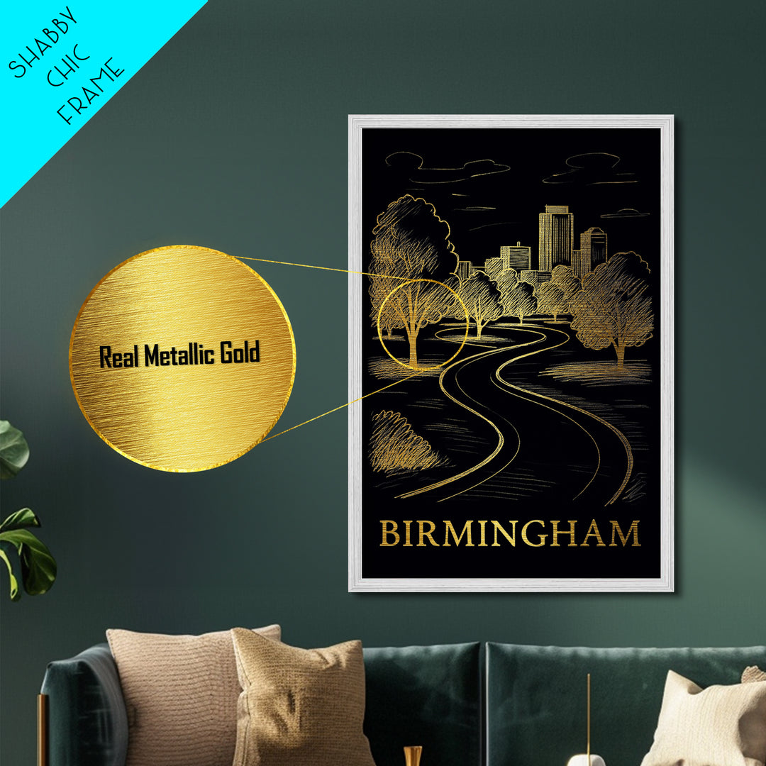 Birmingham Alabama art, Metallic Gold Art, Office Decor, Metal Art, Wood Framed Art, Graduation Travel Gift, Destination Gift