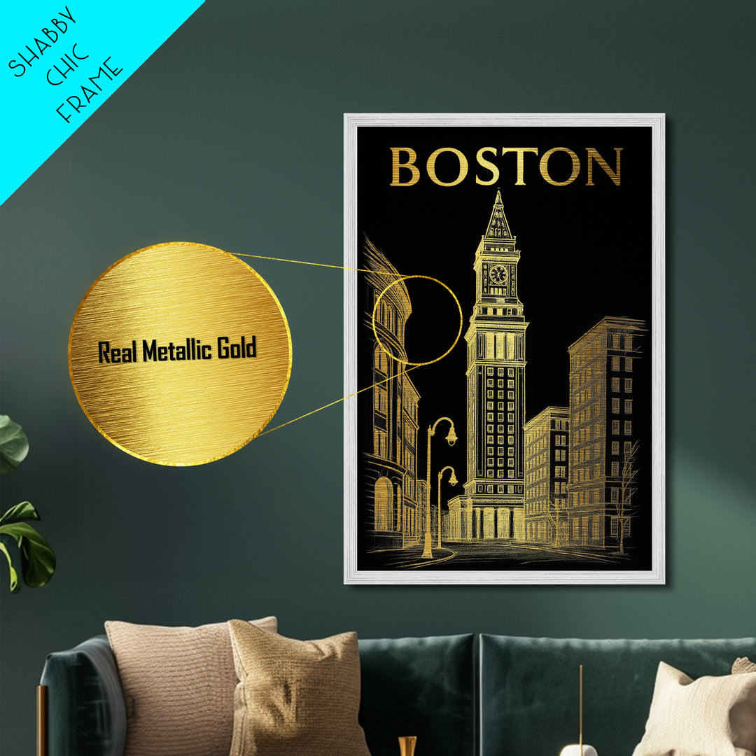 Boston Massachusetts travel, Metallic Gold Print, Modern House Art, Metal Art, Wood Framed Art, Traveler Gift, Destination Gift