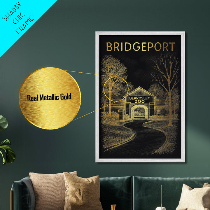 Bridgeport Connecticut travel, Metallic Gold Print, Modern Skyline Wall Print, Metal Art, Wood Framed Art, Adventure Lover Gift, Travel Gift