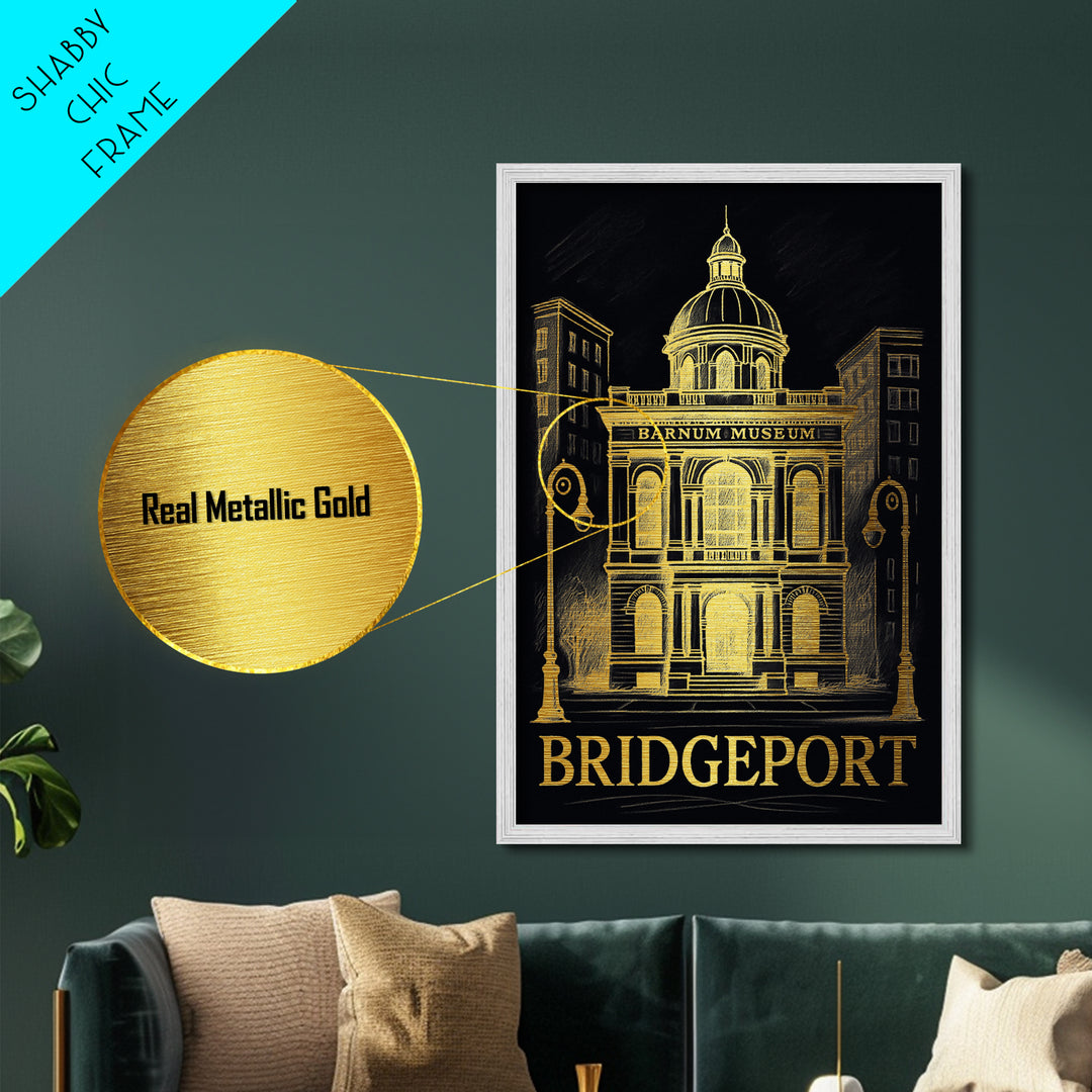 Bridgeport Connecticut art, Metallic Gold Art, Housewarming Gift, Metal Art, Wood Framed Art, Newlywed Travel Gift, Honeymoon Gift