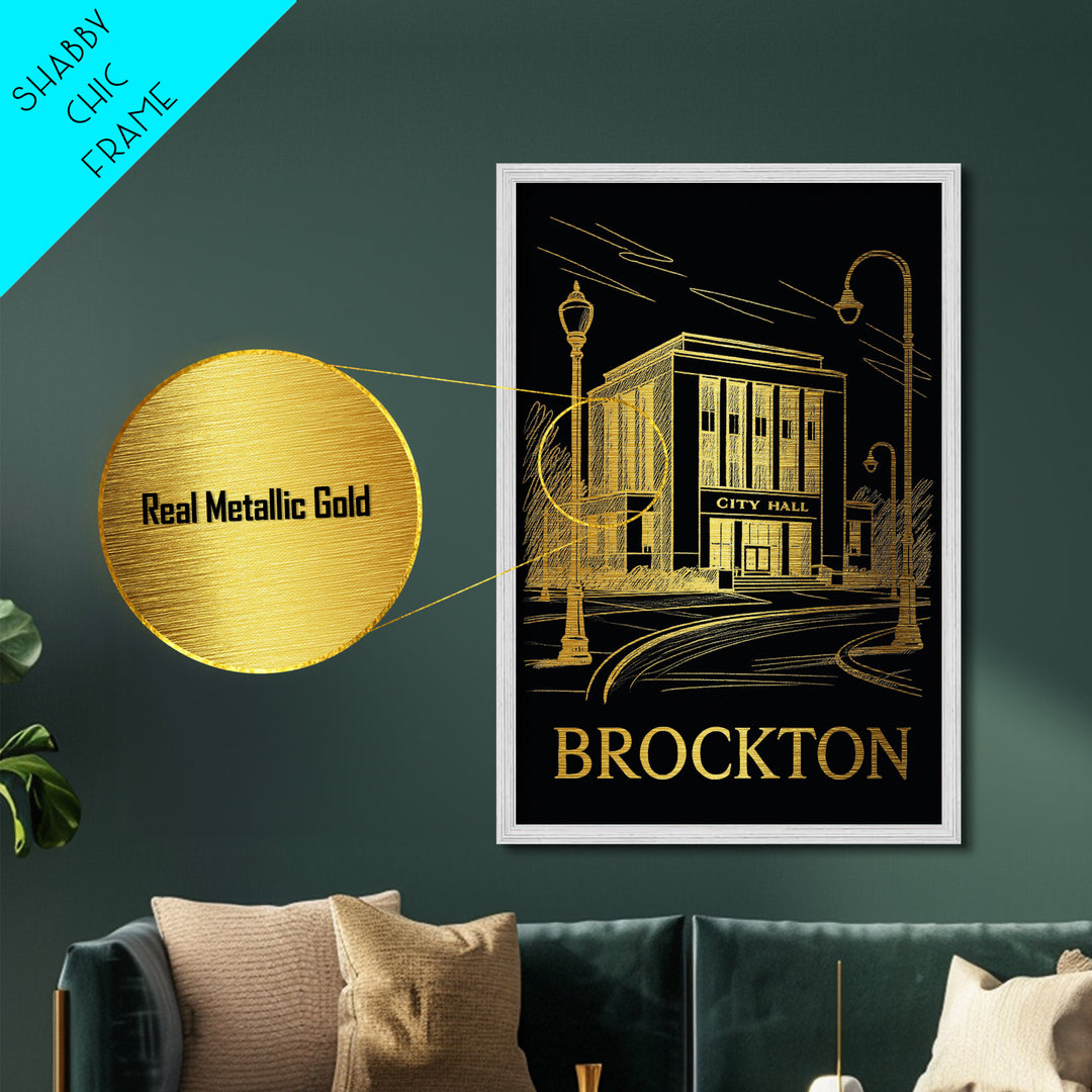 Brockton Massachusetts art, Metallic Gold Art, Office Decor, Metal Art, Wood Framed Art, Graduation Travel Gift, Destination Gift