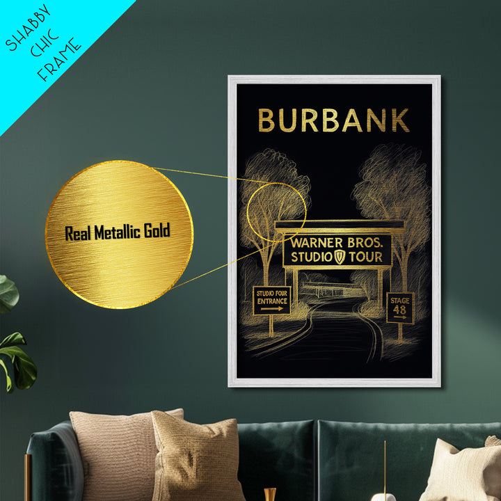 Burbank California travel, Metallic Gold Print, Closing Gift, Metal Art, Wood Framed Art, Anniversary Travel Gift, Retirement Travel Gift