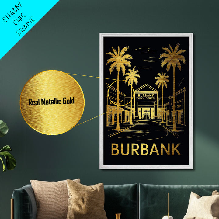 Burbank California art, Metallic Gold Art, Office Decor, Metal Art, Wood Framed Art, Graduation Travel Gift, Destination Gift