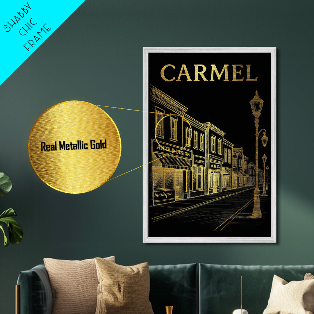 Carmel Indiana travel, Metallic Gold Print, Modern Skyline Wall Print, Metal Art, Wood Framed Art, Adventure Lover Gift, Travel Gift