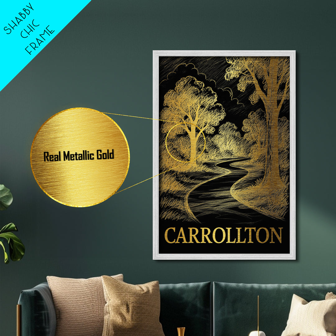 Carrollton Texas art, Metallic Gold Art, Office Decor, Metal Art, Wood Framed Art, Graduation Travel Gift, Destination Gift