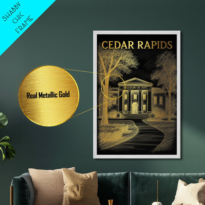Cedar Rapids Iowa travel, Metallic Gold Print, Modern House Art, Metal Art, Wood Framed Art, Traveler Gift, Destination Gift
