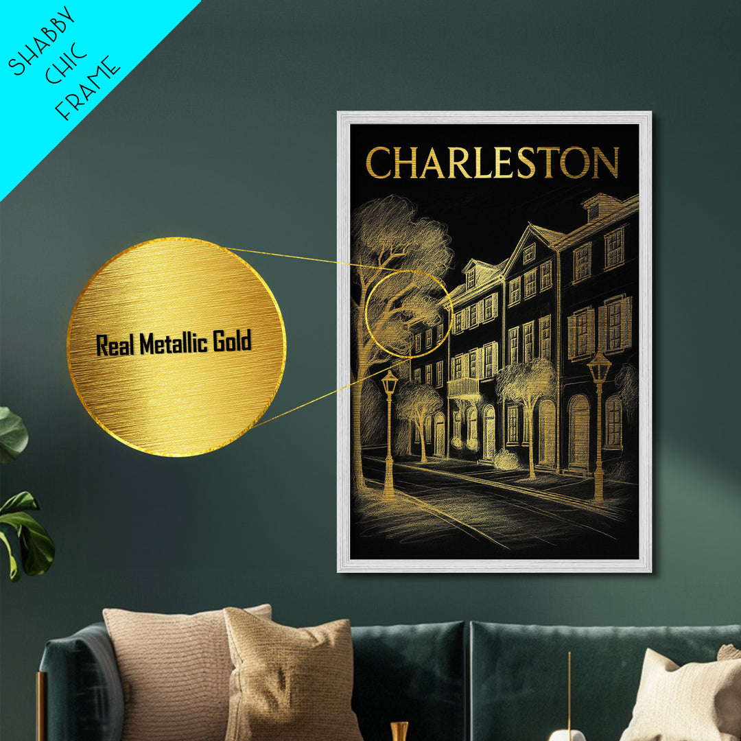 Charleston South Carolina travel, Metallic Gold Print, Closing Gift, Metal Art, Wood Framed Art, Anniversary Travel Gift, Traveler Gift