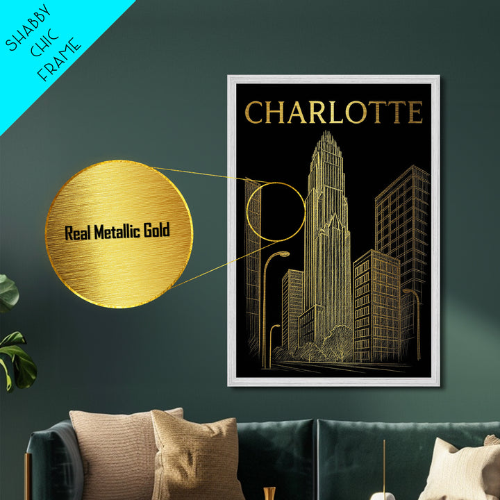 Charlotte North Carolina travel, Metallic Gold Print, Modern House Art, Metal Art, Wood Framed Art, Wanderlust Gift, Travel Art Prints
