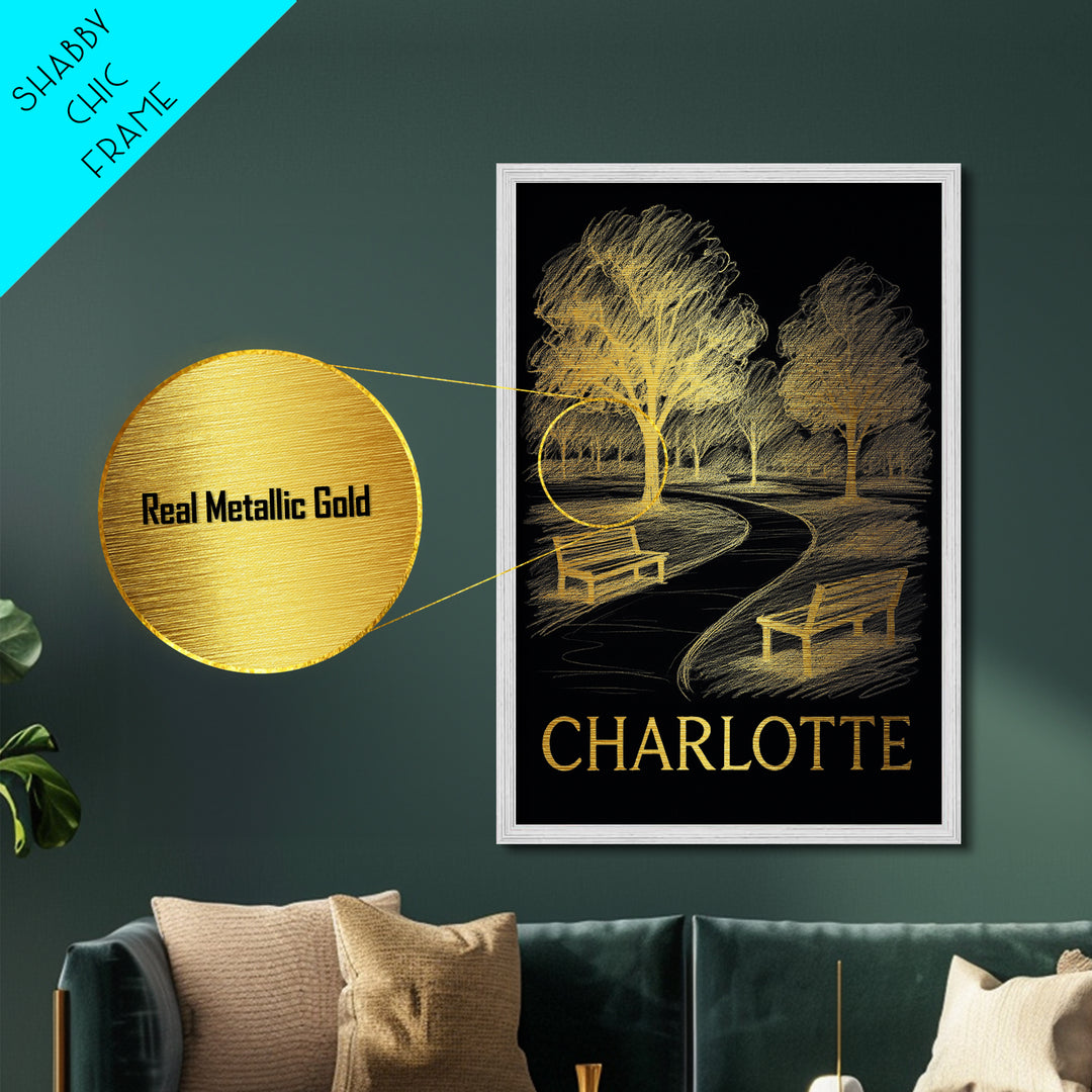 Charlotte North Carolina art, Metallic Gold Art, Travel Art Prints, Metal Art, Wood Framed Art, Wanderlust Gift, Adventure Lover Gift