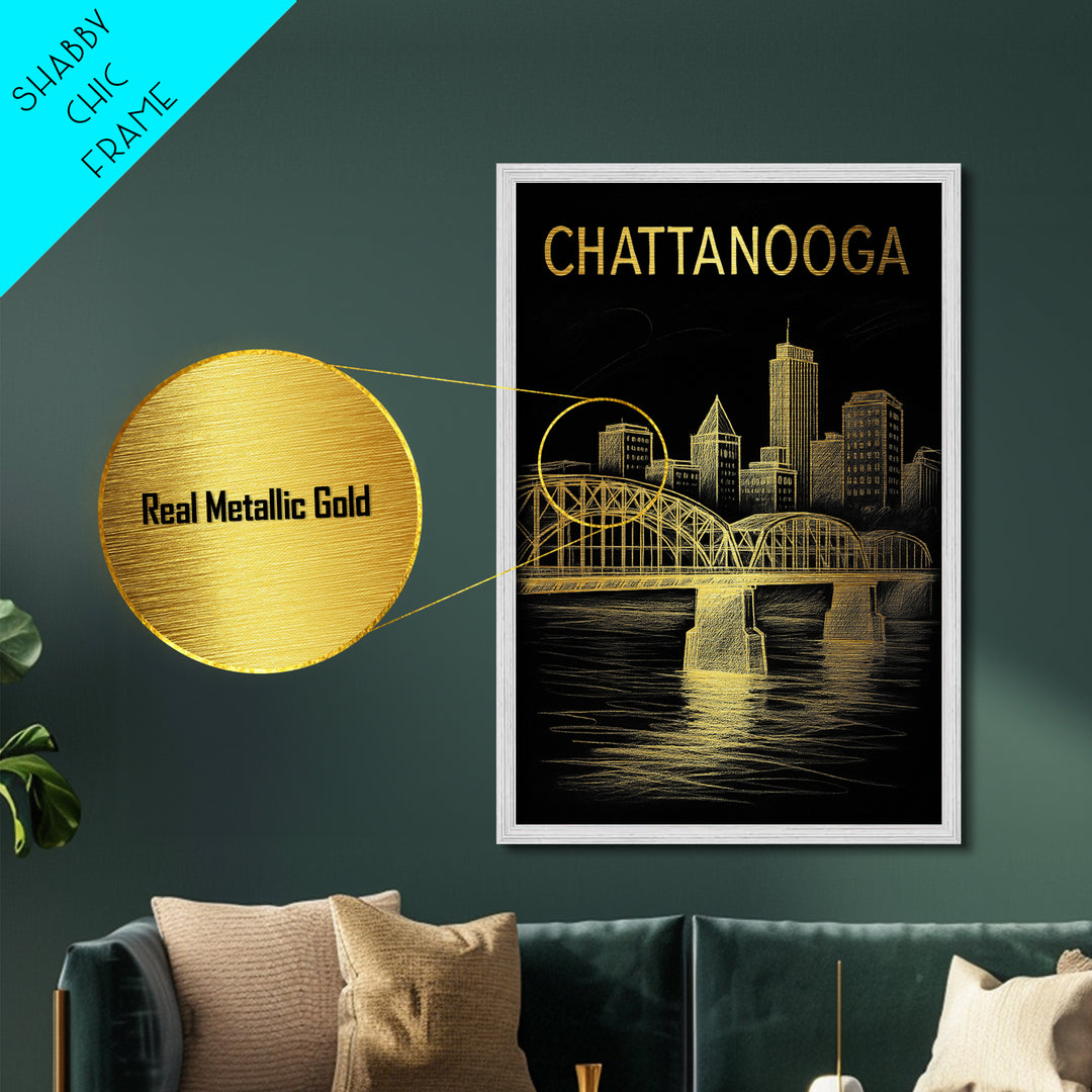 Chattanooga Tennessee travel, Metallic Gold Print, Modern House Art, Metal Art, Wood Framed Art, Traveler Gift, Destination Gift