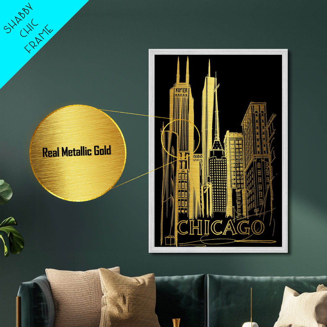 Chicago Illinois travel, Metallic Gold Print, Modern Skyline Wall Print, Metal Art, Wood Framed Art, Adventure Lover Gift, Travel Gift