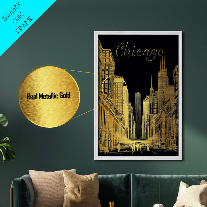Chicago Illinois art, Metallic Gold Art, Housewarming Gift, Metal Art, Wood Framed Art, Newlywed Travel Gift, Honeymoon Gift