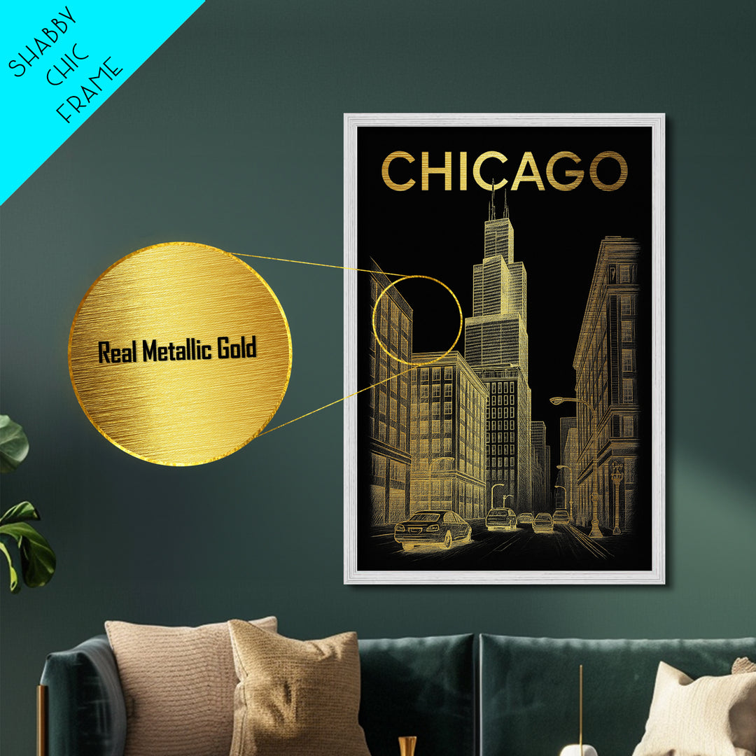 Chicago Illinois travel, Metallic Gold Print, Closing Gift, Metal Art, Wood Framed Art, Anniversary Travel Gift, Retirement Travel Gift