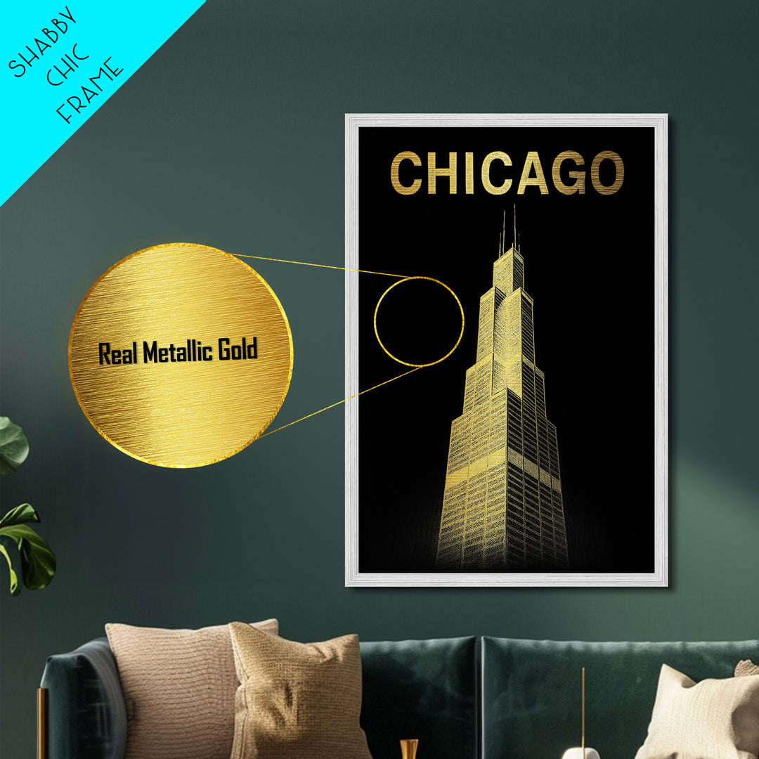 Chicago Illinois art, Metallic Gold Art, Office Decor, Metal Art, Wood Framed Art, Graduation Travel Gift, Destination Gift
