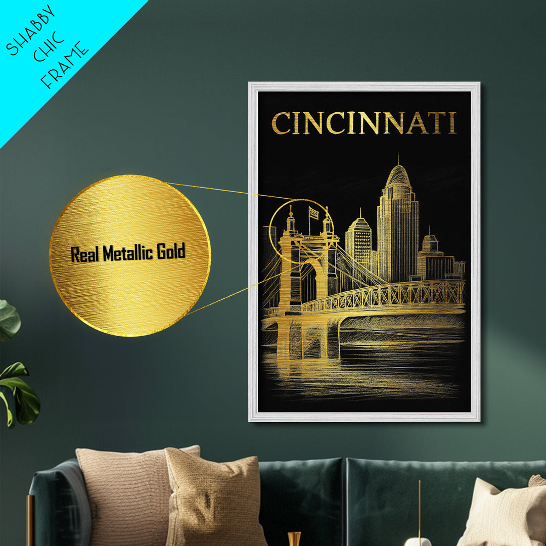 Cincinnati Ohio travel, Metallic Gold Print, Modern House Art, Metal Art, Wood Framed Art, Wanderlust Gift, Travel Art Prints