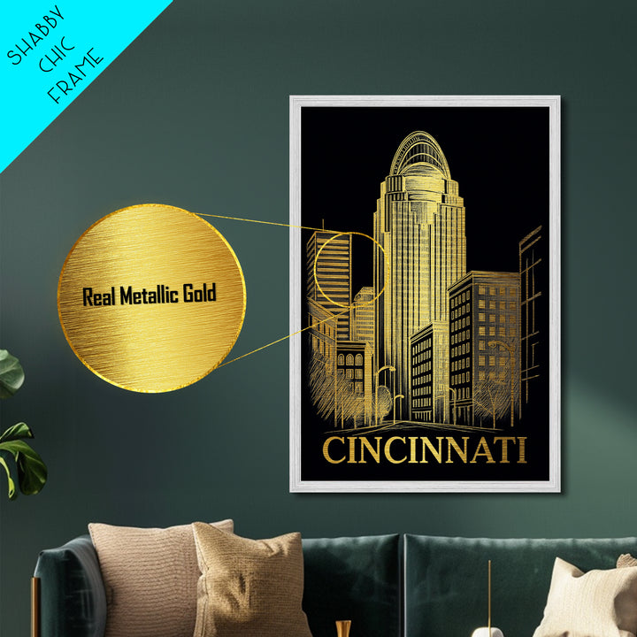 Cincinnati Ohio art, Metallic Gold Art, Travel Art Prints, Metal Art, Wood Framed Art, Adventure Lover Gift, Traveler Gift