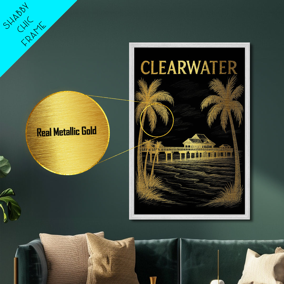 Clearwater Florida travel, Metallic Gold Print, College Dorm Décor, Metal Art, Wood Framed Art, Graduation Travel Gift, Traveler Gift
