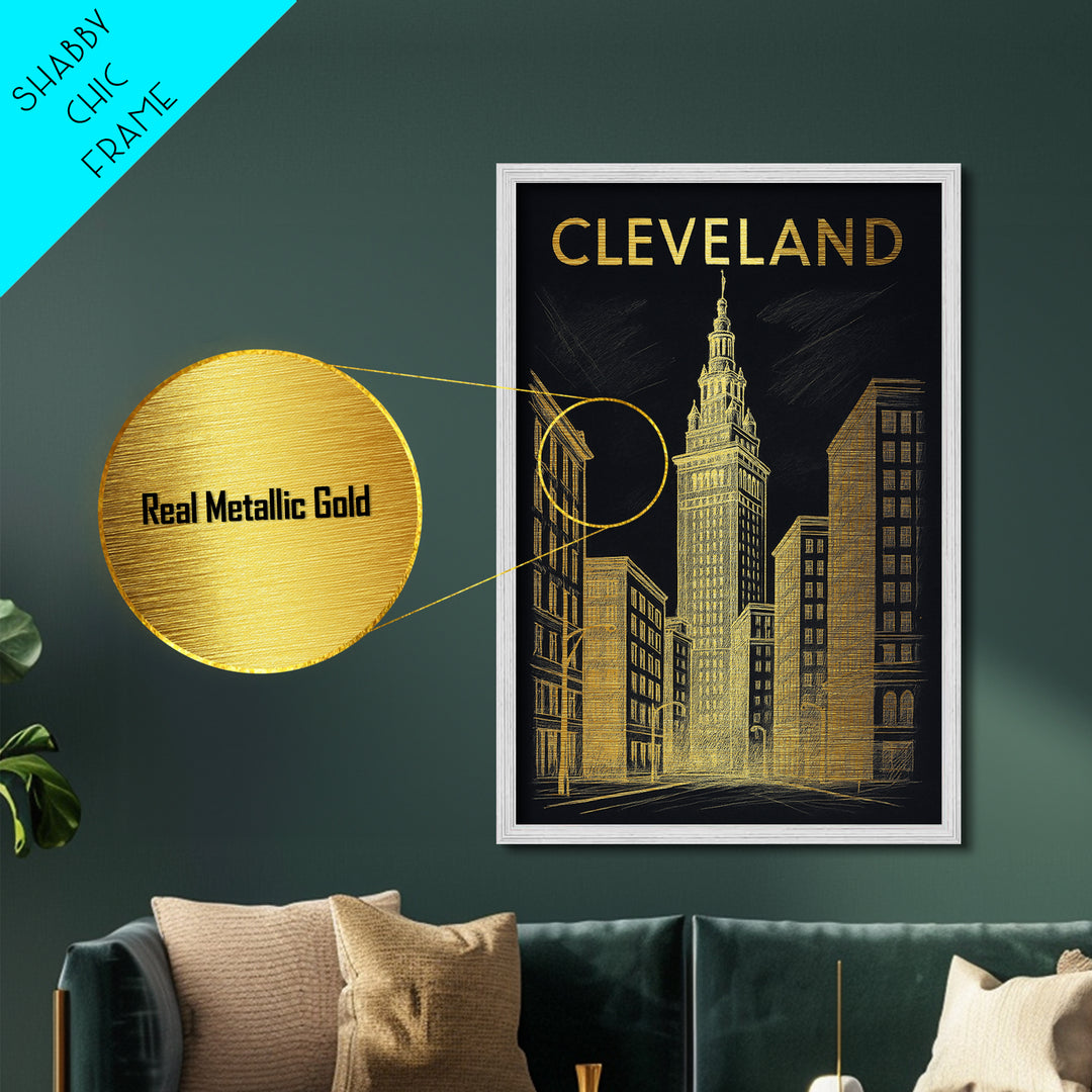 Cleveland Ohio travel, Metallic Gold Print, Modern Skyline Wall Print, Metal Art, Wood Framed Art, Adventure Lover Gift, Travel Gift