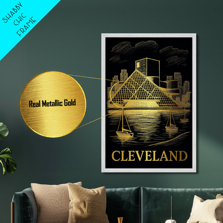 Cleveland Ohio art, Metallic Gold Art, Housewarming Gift, Metal Art, Wood Framed Art, Newlywed Travel Gift, Honeymoon Gift