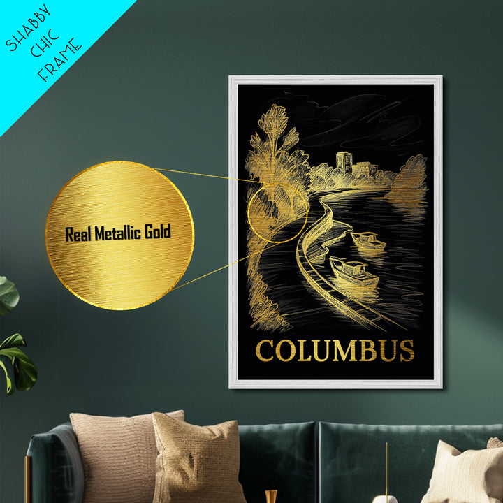 Columbus Ohio travel, Metallic Gold Print, Modern Skyline Wall Print, Metal Art, Wood Framed Art, Adventure Lover Gift, Travel Gift