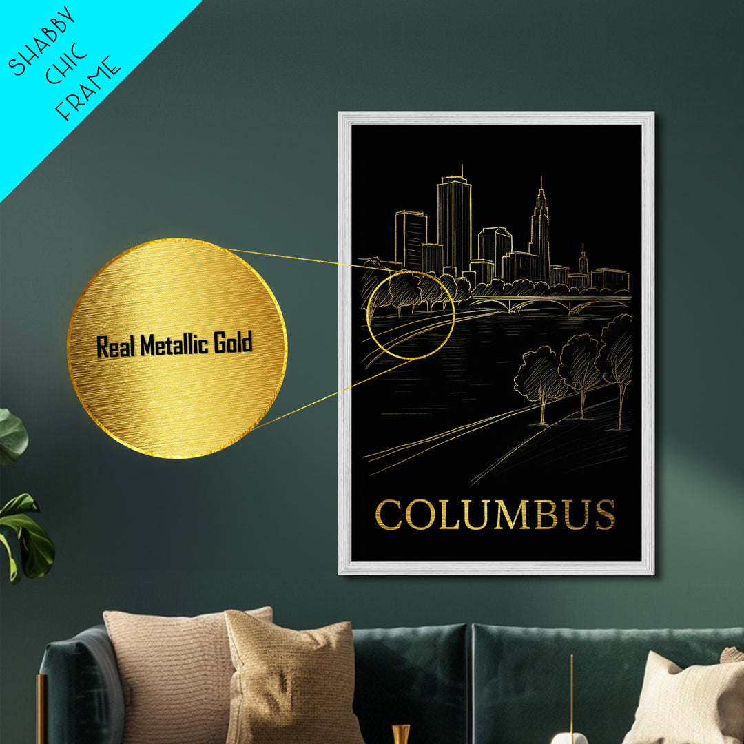 Columbus Ohio art, Metallic Gold Art, Housewarming Gift, Metal Art, Wood Framed Art, Newlywed Travel Gift, Honeymoon Gift