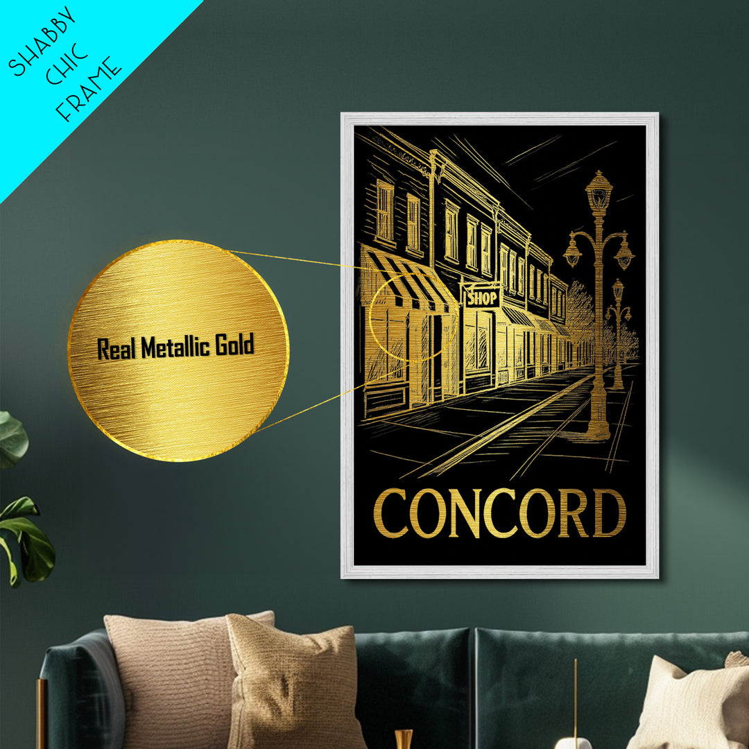 Concord North Carolina travel, Metallic Gold Print, Closing Gift, Metal Art, Wood Framed Art, Anniversary Travel Gift, Retirement Gift