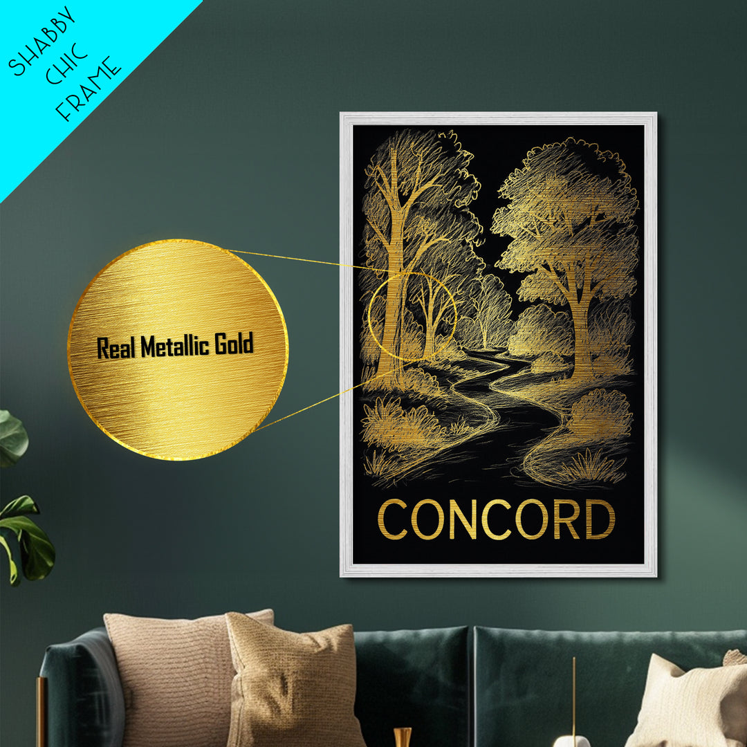 Concord North Carolina art, Metallic Gold Art, Office Decor, Metal Art, Wood Framed Art, Graduation Travel Gift, Destination Gift