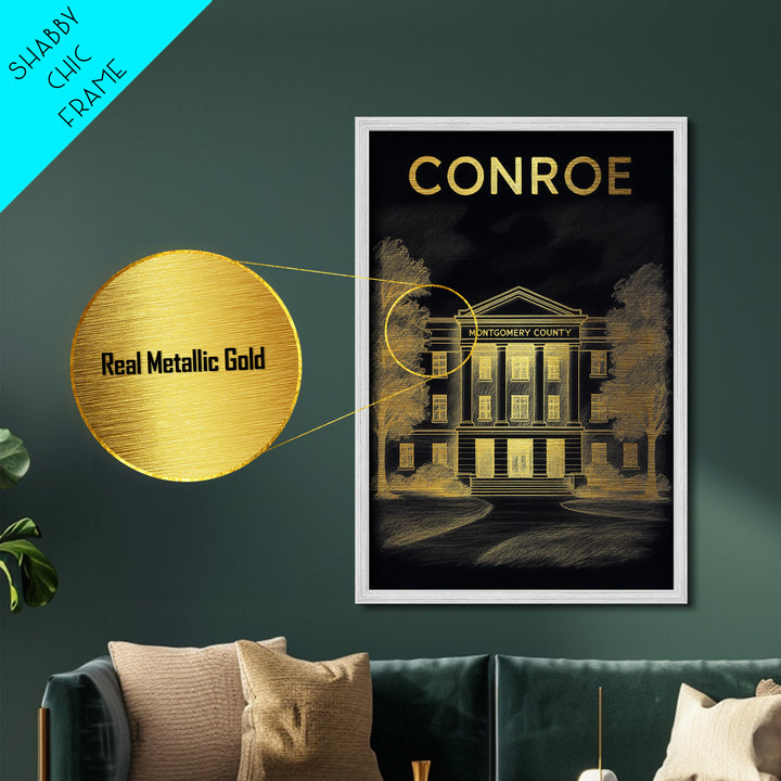 Conroe Texas travel, Metallic Gold Print, Modern House Art, Metal Art, Wood Framed Art, Wanderlust Gift, Travel Art Prints