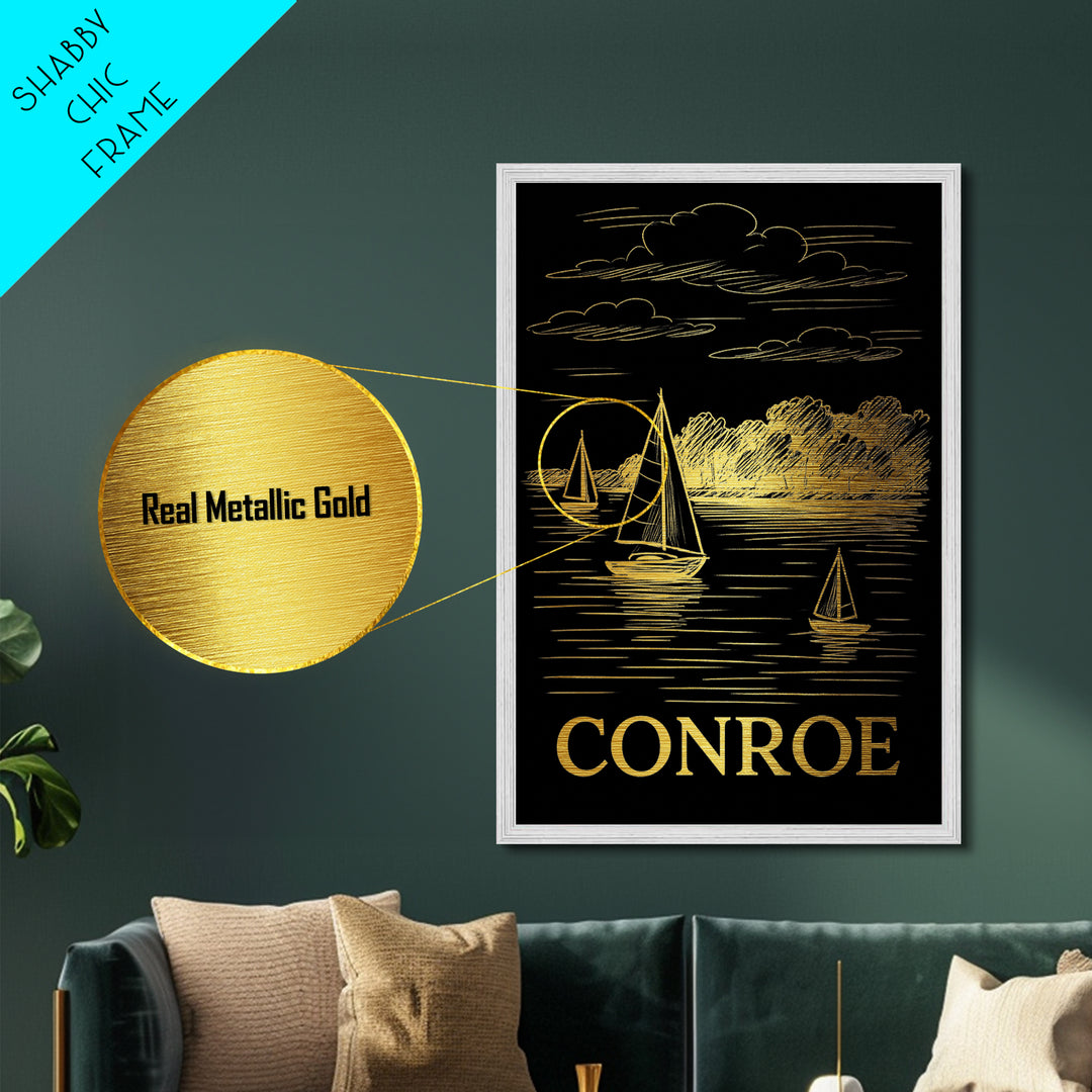 Conroe Texas art, Metallic Gold Art, Travel Art Prints, Metal Art, Wood Framed Art, Adventure Lover Gift, Traveler Gift