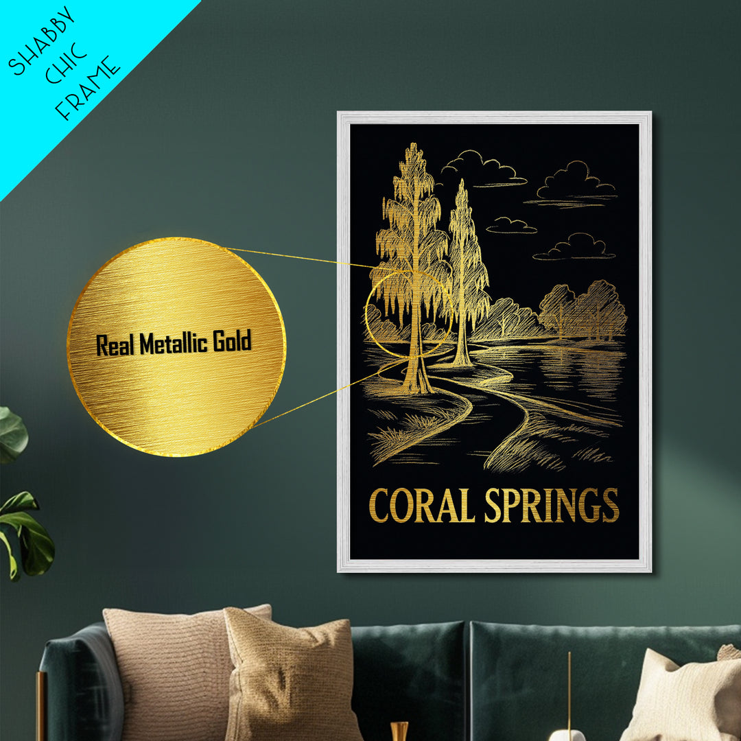 Coral Springs Florida art, Metallic Gold Art, Travel Art Prints, Metal Art, Wood Framed Art, Adventure Lover Gift, Traveler Gift