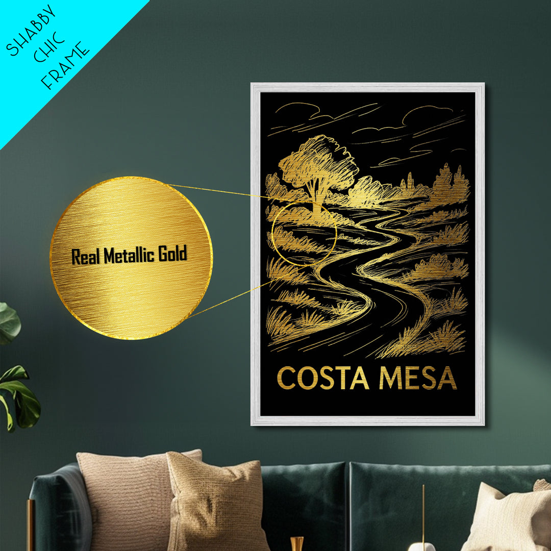 Costa Mesa California art, Metallic Gold Art, Housewarming Gift, Metal Art, Wood Framed Art, Newlywed Travel Gift, Honeymoon Gift