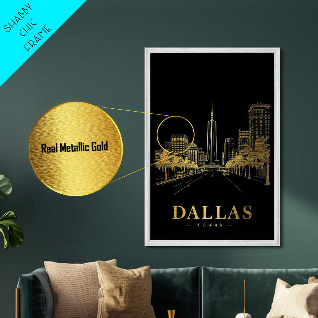 Dallas Texas travel, Metallic Gold Print, Closing Gift, Metal Art, Wood Framed Art, Anniversary Travel Gift, Retirement Travel Gift
