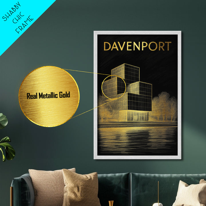 Davenport Iowa travel, Metallic Gold Print, Modern House Art, Metal Art, Wood Framed Art, Traveler Gift, Destination Gift