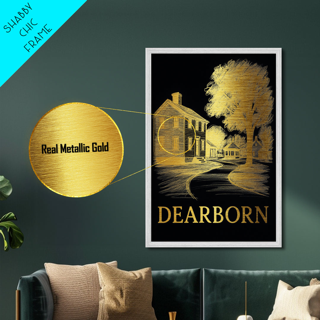 Dearborn Michigan travel, Metallic Gold Print, Modern House Art, Metal Art, Wood Framed Art, Traveler Gift, Destination Gift