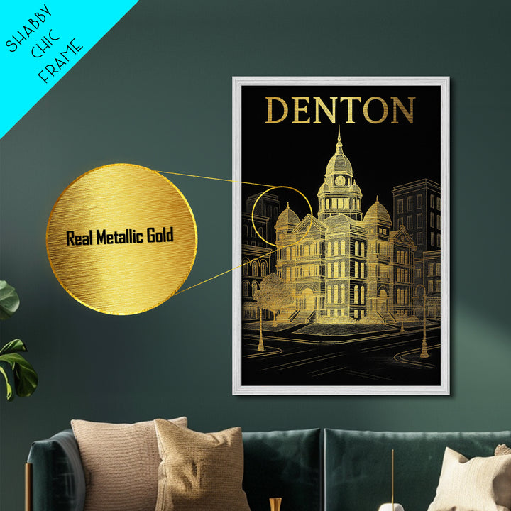 Denton Texas travel, Metallic Gold Print, College Dorm Décor, Metal Art, Wood Framed Art, Graduation Travel Gift, Traveler Gift