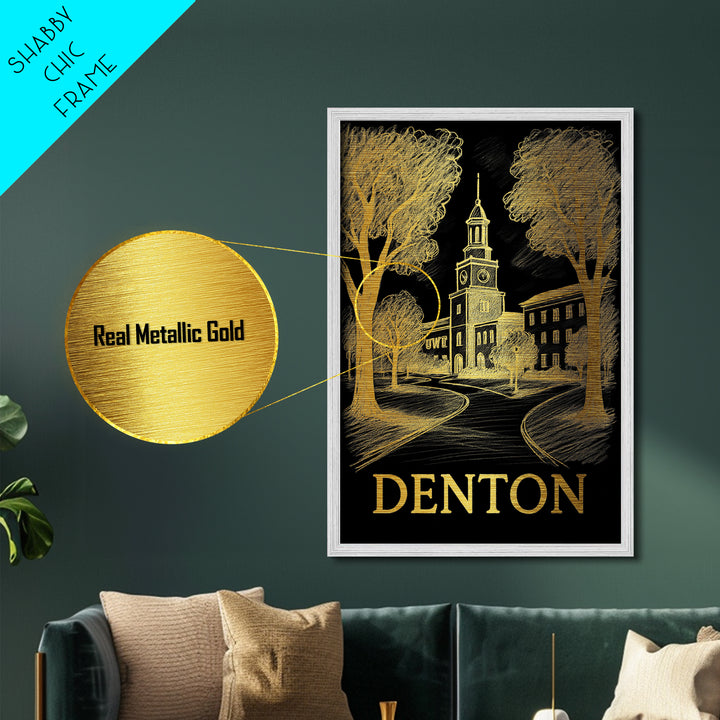 Denton Texas art, Metallic Gold Art, Best Friend Gifts, Metal Art, Wood Framed Art, Birthday Travel Gift, Destination Gift