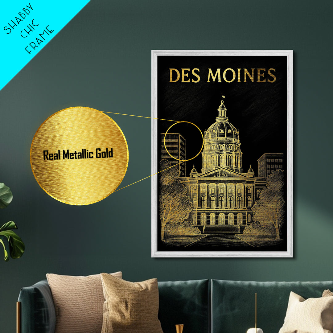 Des Moines Iowa travel, Metallic Gold Print, Closing Gift, Metal Art, Wood Framed Art, Anniversary Travel Gift, Retirement Travel Gift