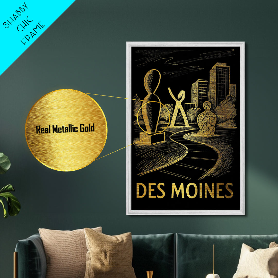 Des Moines Iowa art, Metallic Gold Art, Office Decor, Metal Art, Wood Framed Art, Graduation Travel Gift, Destination Gift