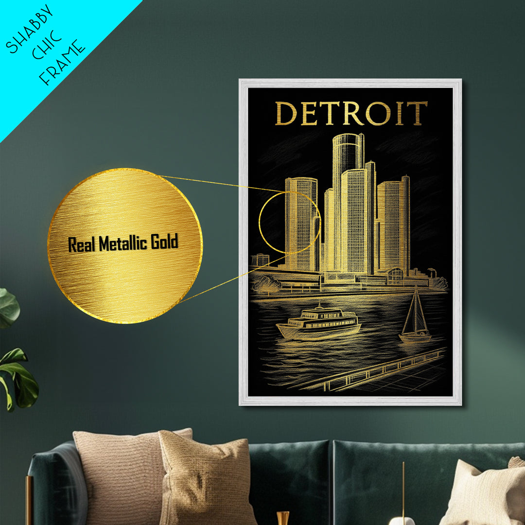 Detroit Michigan travel, Metallic Gold Print, Modern House Art, Metal Art, Wood Framed Art, Wanderlust Gift, Travel Art Prints