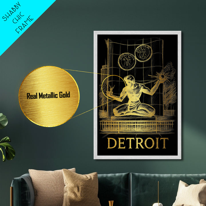 Detroit Michigan art, Metallic Gold Art, Travel Art Prints, Metal Art, Wood Framed Art, Adventure Lover Gift, Traveler Gift