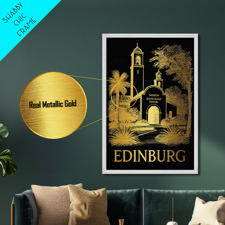Edinburg Texas art, Metallic Gold Art, Housewarming Gift, Metal Art, Wood Framed Art, Newlywed Travel Gift, Honeymoon Gift