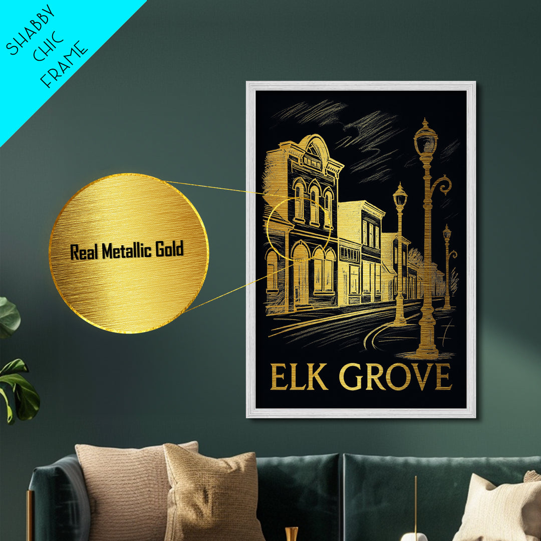 Elk Grove California art, Metallic Gold Art, Housewarming Gift, Metal Art, Wood Framed Art, Newlywed Travel Gift, Honeymoon Gift