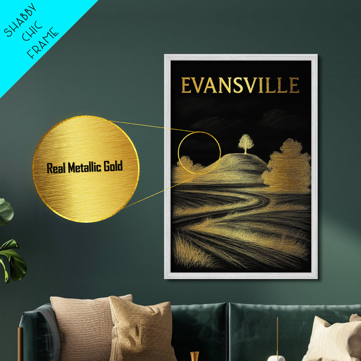 Evansville Indiana travel, Metallic Gold Print, Modern Skyline Wall Print, Metal Art, Wood Framed Art, Adventure Lover Gift, Travel Gift